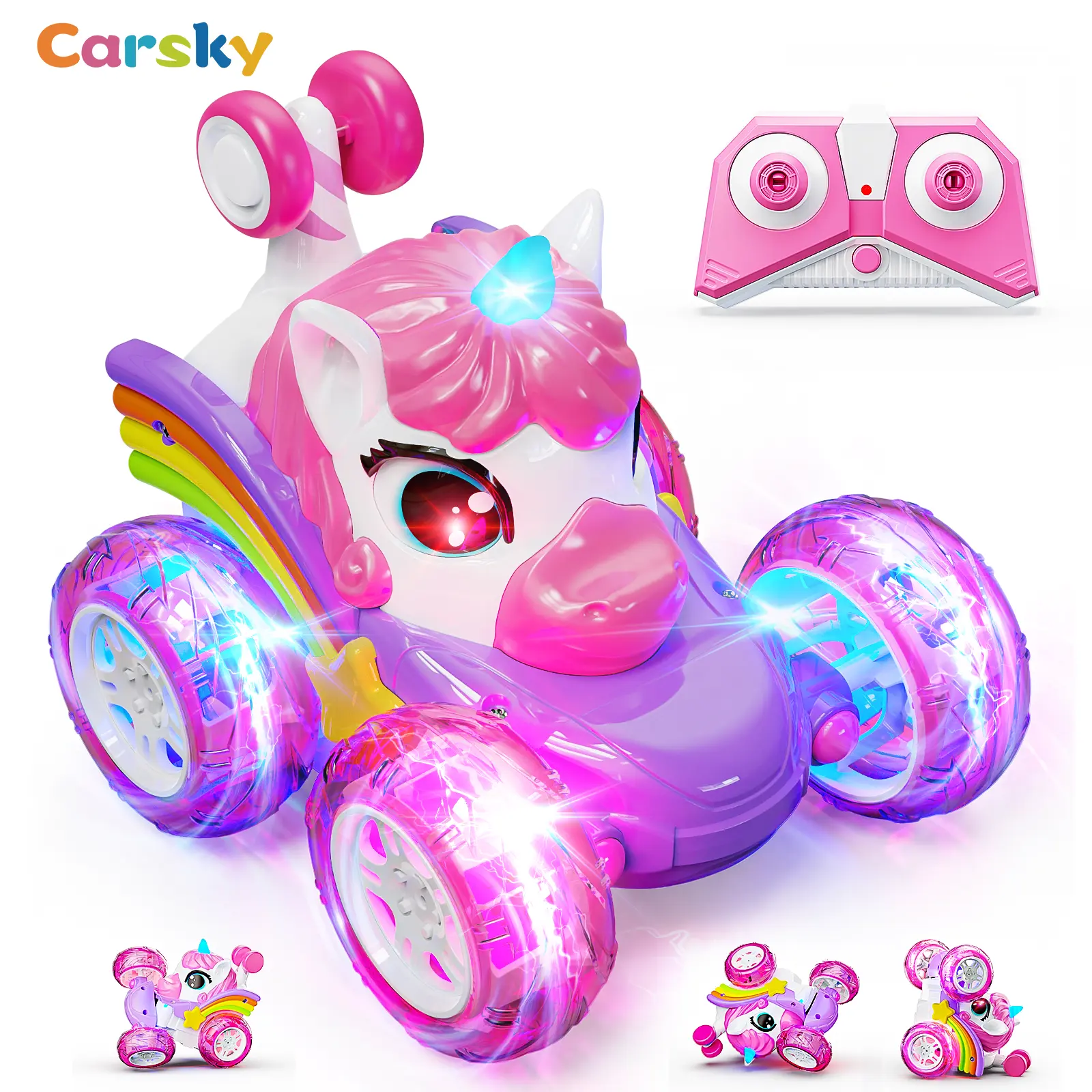 Carsky Rechargeable LED Remote Control Car Light,Rechargeable 360°Stunt RC Cars Rotation 4WD Remote Cars with LED Lights，Fun Indoor Outdoor Toys for Kids,Chritmas Birthday Gift for 3 4 5 6 Year Old Girl