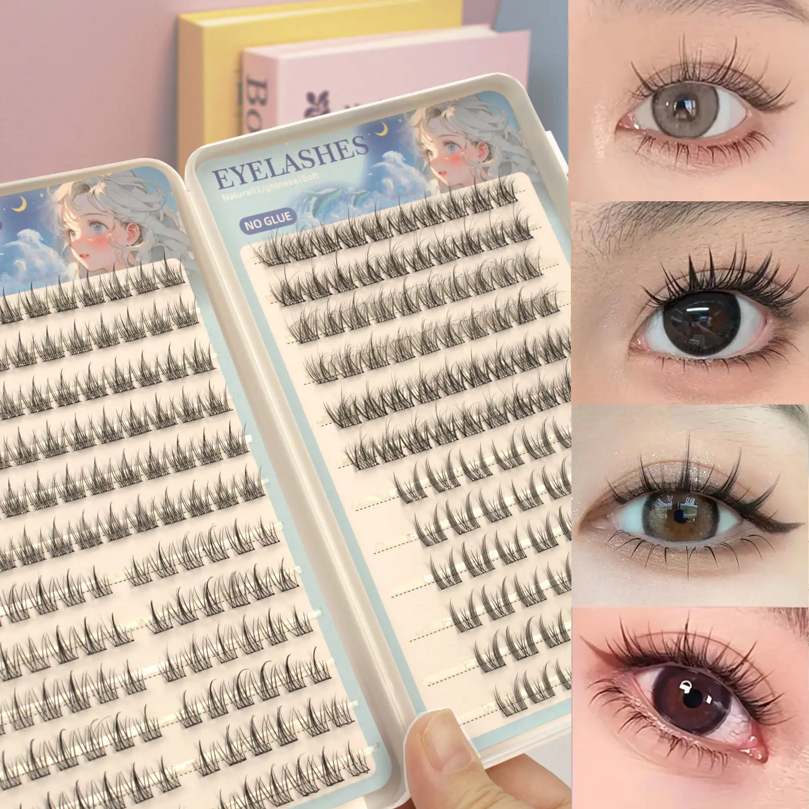 Natural Self-Adhesive False Eyelashes Box Set, Individual Eyelash Bundles, Mixed Lengths CC Curl Lashes, Sunflower, Drama, Camellia Cat Eye Look, Makeup, No Glue Needed, Glueless Lashes Clusters