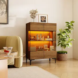 FUFU&GAGA Display Cabinet with Built-in Warm Lights Strip, Golden Amber Glass Door 4 Layers Showcase &Display Shelf for Figures, Toys, Books, Bookcase for Office, Playroom, Living Room