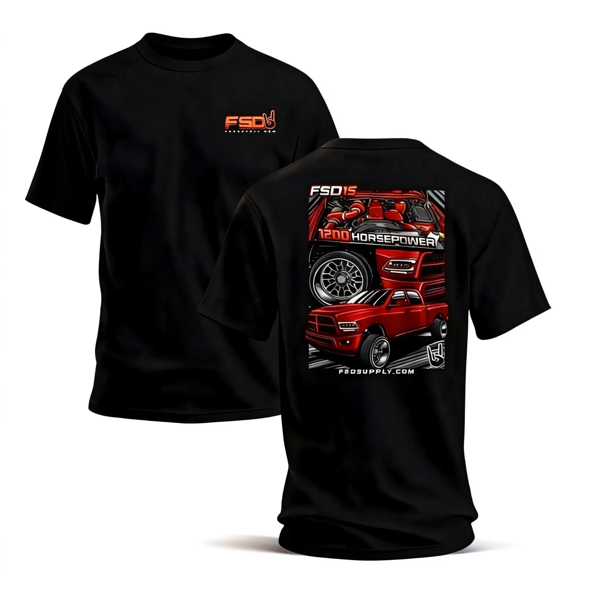 FSD Red 1200 HP Truck T-Shirt, Men’s Cotton Muscle Truck Graphic Tee, Lifted Pickup Streetwear for Racing Fans