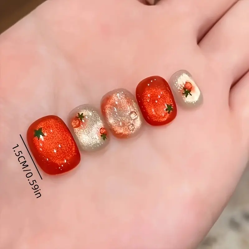 10pcs Short Round Persimmon Fruit Shape Cat Eye Nail Art, Glossy Ballerina Nails, Detachable Press On Fake Nails for Women Girls, Summer Gift, Nail Decoration Supplies, Glossy False Nails