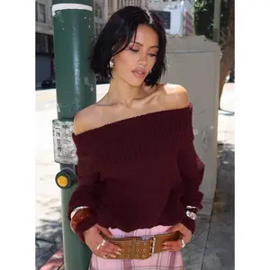 Parkley Boucle Off The Shoulder Sweater Burgundy