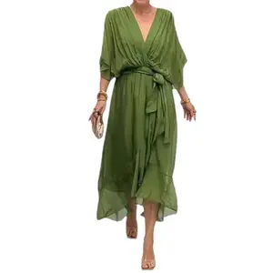 Stylish and Elegant V-Neck Maxi Dress, Women High Waist Tiered Chiffon Maxi Dress, Summer Wedding Guest Dresses