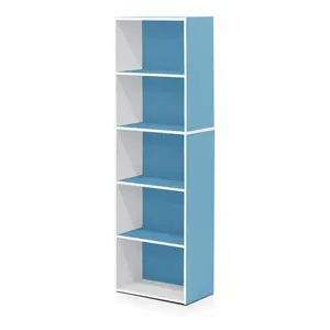 LUDER 5-Cube Bookshelf, Open-Shelf Bookcase, 9.4x15.8x52in, for Living Room & Bedroom, White/Light Blue