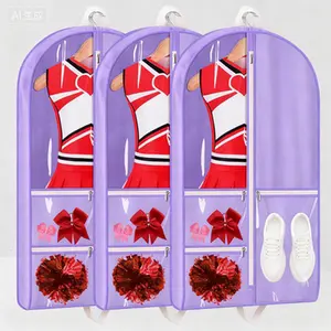 Portable Hanging Garment Bag with View Window 40" Dance Storage Organizer with 4 Pockets for Accessories Travel Competition Cheerleading Uniforms Reusable Water-Resistant Foldable 3 Pack Purple