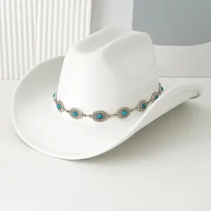 1 Elegant Cowboy/Cowgirl Hat with Turquoise Belt, Polyester Woven Fedora, Bohemian Vintage Style, Lightweight for Western Themed Events