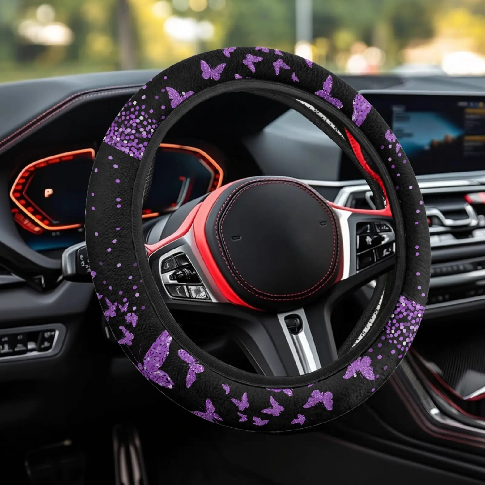 Purple Butterfly Car Steering Wheel Cover - Soft Stretch Elastic Fabric Auto Protector, Anti-Slip, Wear-Resistant, Breathable, Scratch-Resistant Universal Vehicle Wrap, Stylish Car Interior Accessory & Holiday Gift