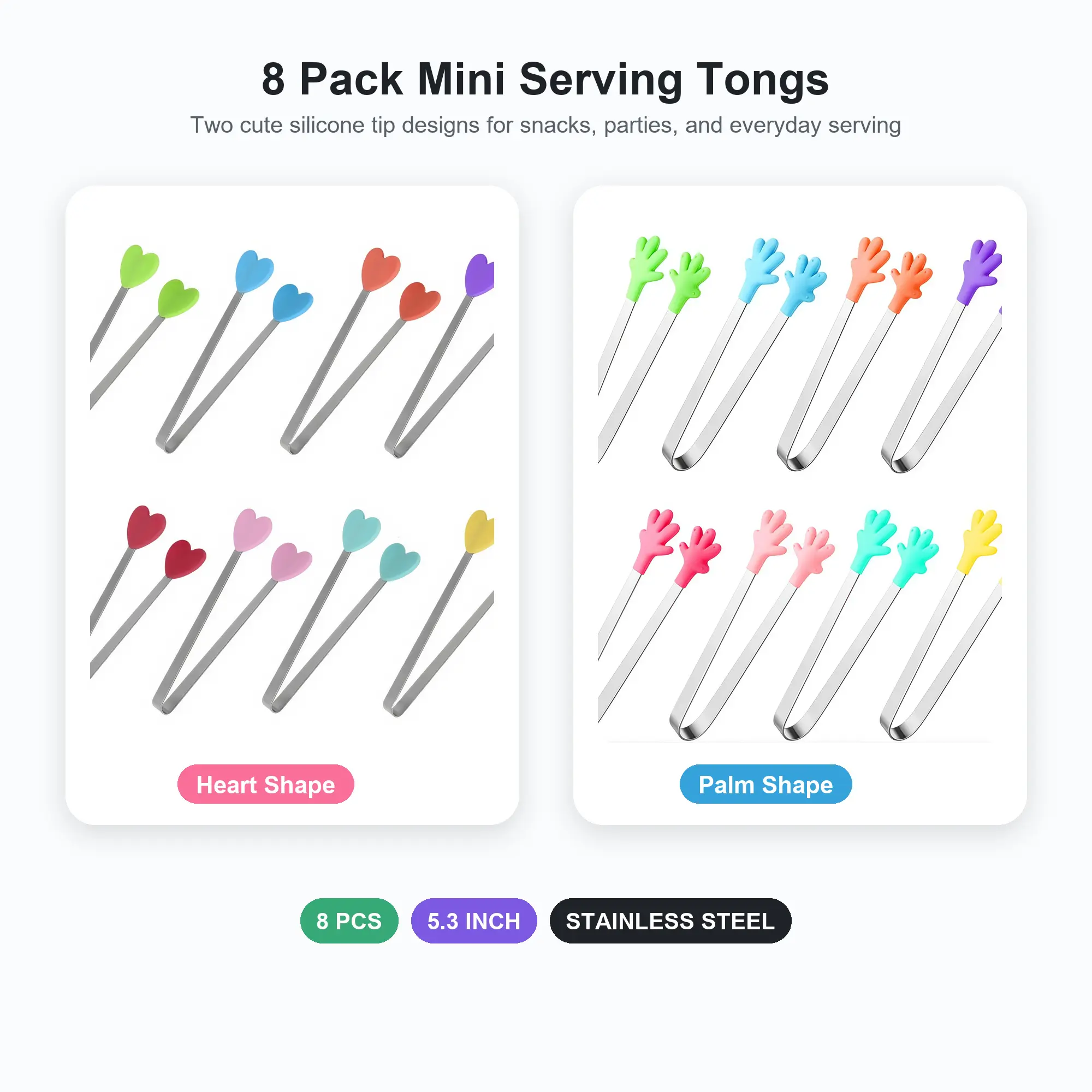 8 Pack Mini Food Tongs, 5.3 Inch Stainless Steel Serving Tongs with Silicone Tips for Candy, Fruit, Appetizers, Ice Cubes and Party Snacks