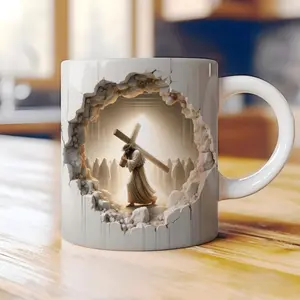 3D Jesus Carrying Cross Mug with Cracked Wall Effect 11oz Religious Christian Sublimation Design Perfect for Christmas Valentine’s Thanksgiving and Father’s Day Inspirational Gift for Women Men Mom Dad Grandma