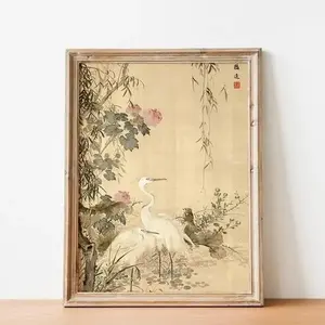 Antique Japanese Botanical Art, Egrets, Peonies, & Willows Painting, Flower and Bird Wall Art, Japanese Art Print, Vintage Botanicals Print