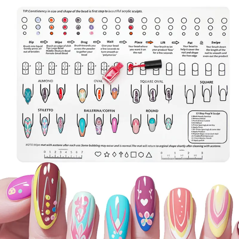 Acrylic Nail Training Mat - Silicone Trainer Sheet for Application Practice, Flexible Roll Up Pad Template for Acrylic Fingernails, Learn How to Apply Acrylic Nails