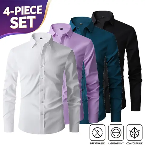 4-Pack Men’s Business Slim Fit Long Sleeve Shirts – Formal & Casual, Versatile Solid Color, Wrinkle-Free