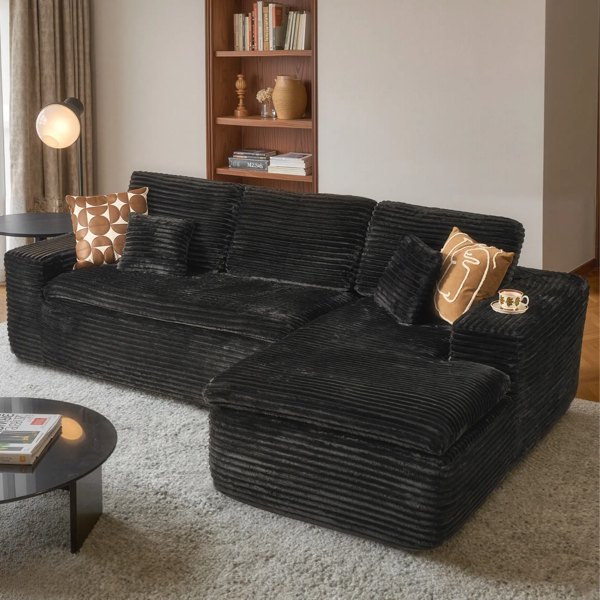Black Plush Corduroy Right Chaise