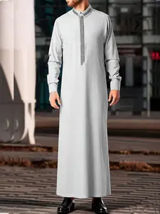 Arabic Islamic Muslim Traditional Clothing, Ramadan Festival Sacrifice Holiday Wear, Men's Silver Color Stand Collar Robe, Authentic Saudi Thobe
