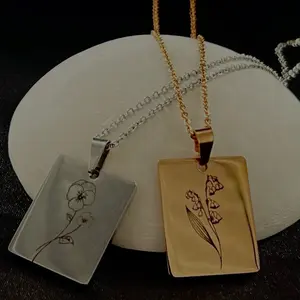 Custom engraved rectangle shape birth flower necklace