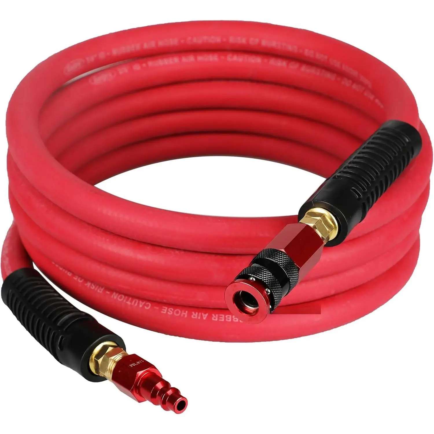 Heavy Duty Rubber Air Hose, 3/8 Inch ID x 10 In Long, High Visibility Red, 300 PSI Max, with Swivel Universal Aluminum Quick Couplers, Brass Fittings, and Swivel Plug for Air Compressors