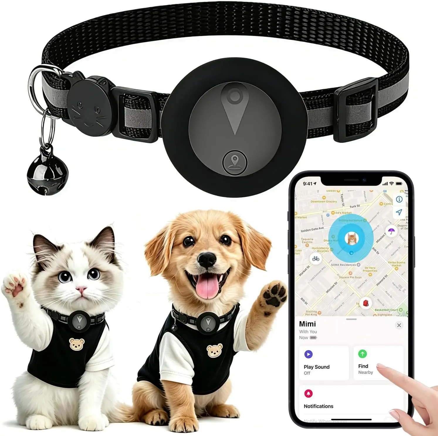 2PCS GPS tracker for cats and dogs, smart collar with real-time location tracking, no monthly fees, compatible with iOS “Find My” feature, adjustable pet activity tracker with 360-degree reflective strip, suitable for small, medium, and large pets