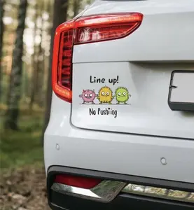 Funny Monster Car Sticker – Cute and Colorful Cartoon Characters with 'Line Up! No Pushing' Message – Perfect for Cars, Trucks, Laptops, and Kid-Friendly Spaces – Durable, Weatherproof Vinyl Decal for Teachers, Parents, and Fun-Loving Drivers