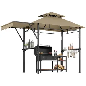 8x5 ft Grill Gazebo, Double Tired Outdoor Patio Canopy Tent with Side Awning Shelves,4 LED Lights,10 Hooks & Bottle Opener,Heavy Duty Steel Frame Grilling Canopy for Patio Backyard Garden Picnic,Khaki