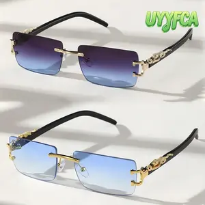 2-Piece Vintage Rimless Rectangle Sunglasses, Luxury Gold Leopard Decor Frameless Sun Glasses, Colored Gradient Lens, Lightweight Fashion Eyewear for Daily Wear and Outdoor Activities beach outfits summervibes