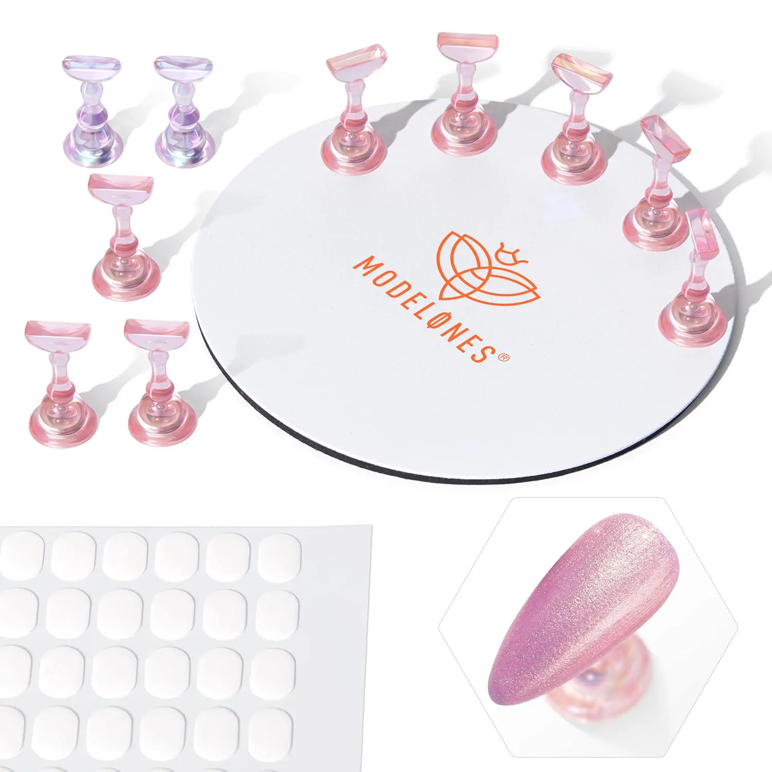 Modelones Nail Stand Round Metal Base Press on Nail Tips Holder 200pcs Tabs | Magnetic Aurora Pink Nail Stands for Press ons False Nail Tips Practice Acrylic Holder Strong Metal Base Painting Display DIY