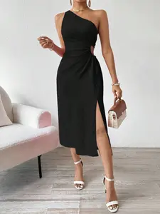 Elegant Sexy Sleeveless One-Shoulder Asymmetrical Neck Plain High Slit Dress for Women, Spring Summer New Style