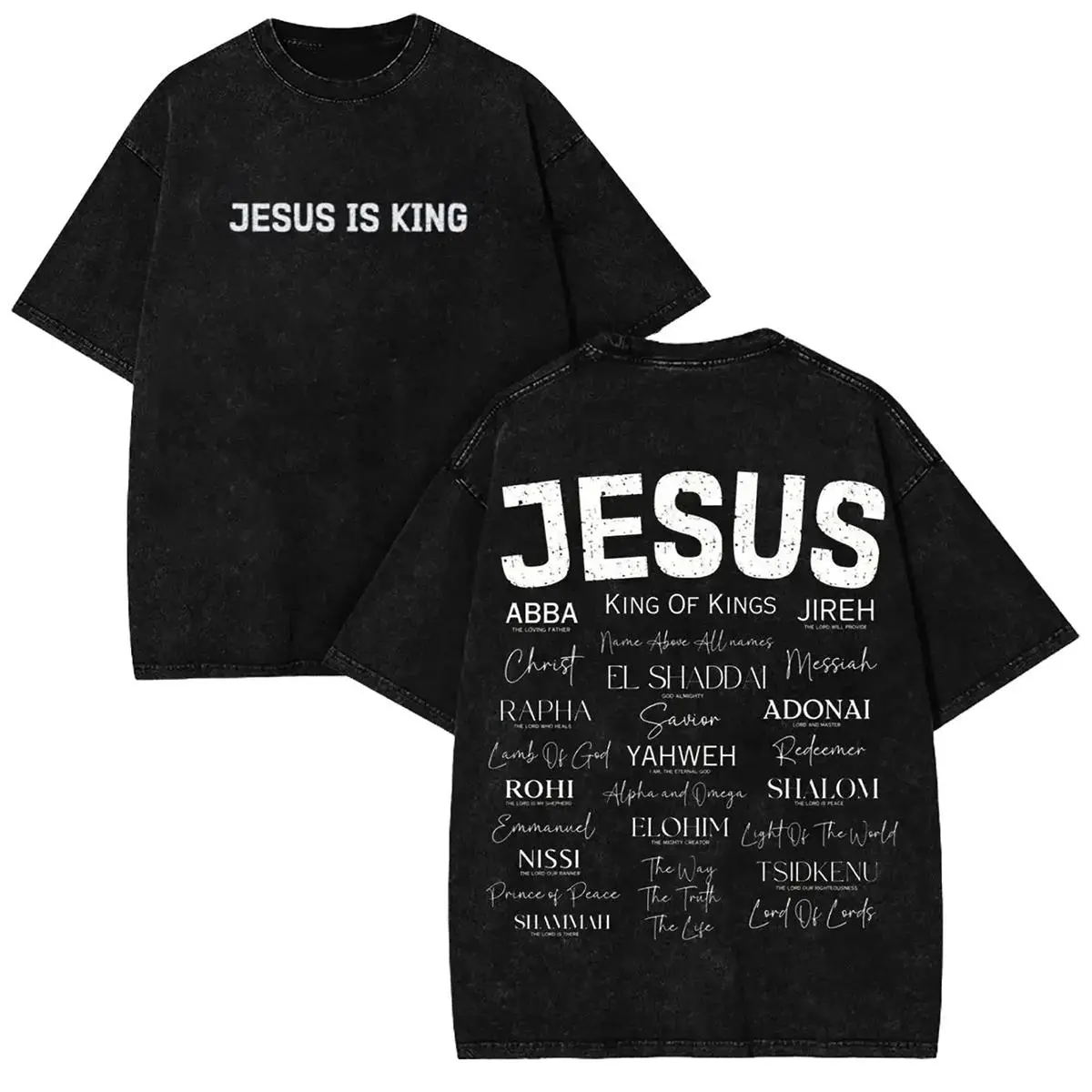 Jesus Is King Christian Graphic T-Shirt Vintage Retro Names Of God Typography Faithcore Streetwear Y2K Bible Verse Religion Casual Trendy Top Made In USA For Women For Men [SaffronSequin cotton t-shirt/sweatshirt/hoodie, soft and comfortable]
