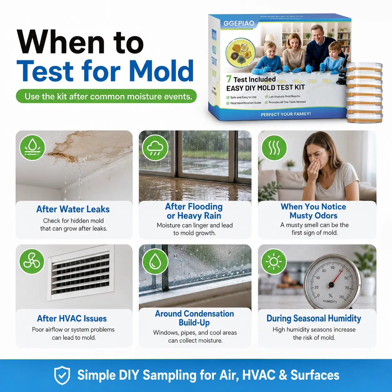 GGEPIAO Home Mold Test Kit, 7 DIY Detection Tests for Indoor Air, HVAC Systems and Household Surfaces, Easy At-Home Sampling Kit for Multiple Rooms