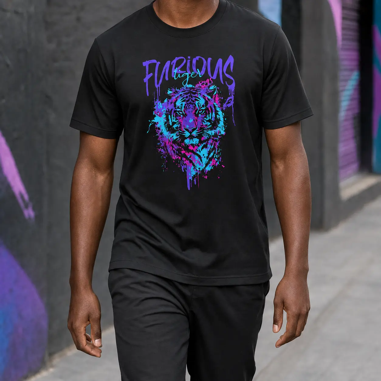 Men's Cyberpunk Tiger Graphic T-Shirt - Neon Purple Blue Splatter Print, Breathable Cotton, Unisex Short Sleeve Crewneck Casual Tee - Animal Typography, Wild Cat Aesthetic, Hangable Foldable Streetwear Top 3227