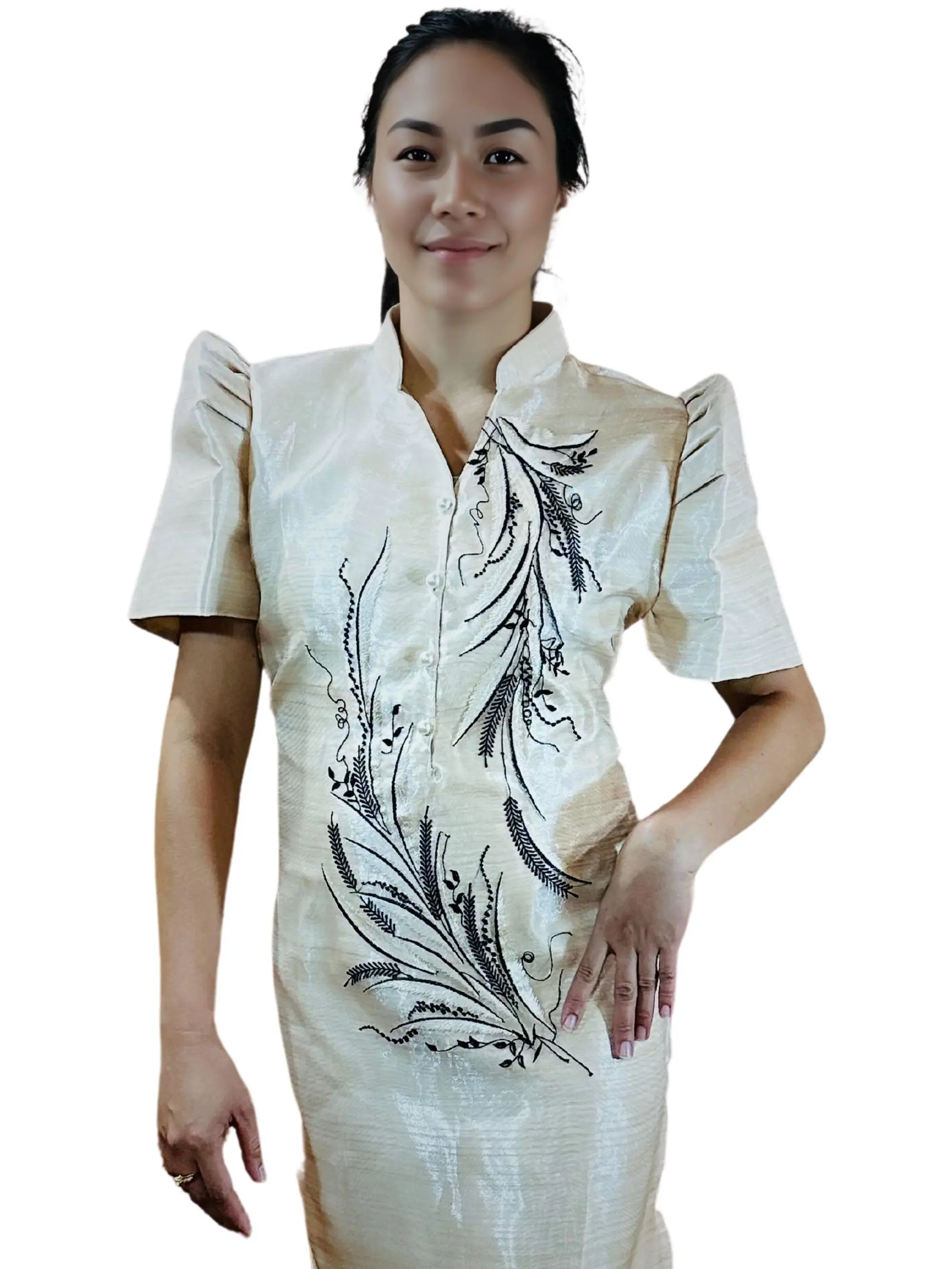 Handmade Kapamilya Modern Barong Dress - Black Feather Filipiniana Gown with Butterfly Sleeves