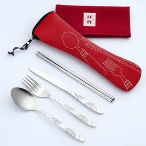 Stainless Steel 3-Piece Camping Cutlery Set with Printed Carry Bag - Rustproof, Portable for Picnic, Outdoor & Home Use, Camping Gear, Camping Accessories
