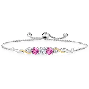Two-Tone Gemstone Birthstone and Pink Created sapphire and Accent Lab Grown Diamond Infinity Tennis Bracelet For Women In 925 Silver and 10K Yellow Gold | Round 5MM | Fully Adjustable Up to 9 Inch