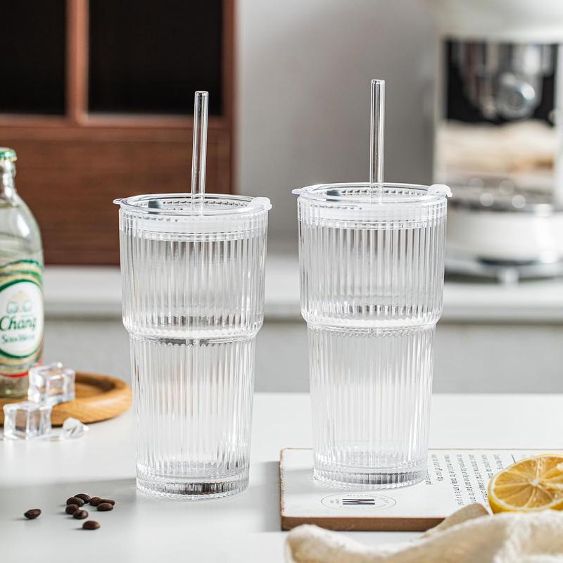 20oz Ribbed Glass Cup Set 6/8Pack - Thickened Tumblers with Lids & Straws for Cocktails, Coffee & Smoothies