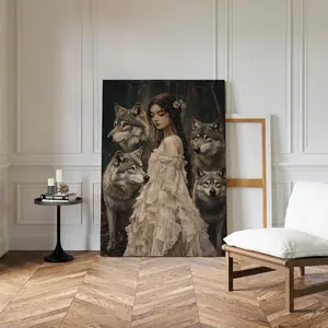 Unframed, Room Decor, Enchanting Woman with Wolves Poster – Mystical Forest Portrait with Nature & Wildlife – 5 Size, 8x12 to 27x40 inch