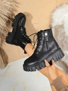 Women's Round Toe Boots, Winter New Thick Sole Mid-Calf Warm Lining, Short Tube Leather Side Zip Outdoor Non-Slip Fashionable Shoes Side Zipper Boot