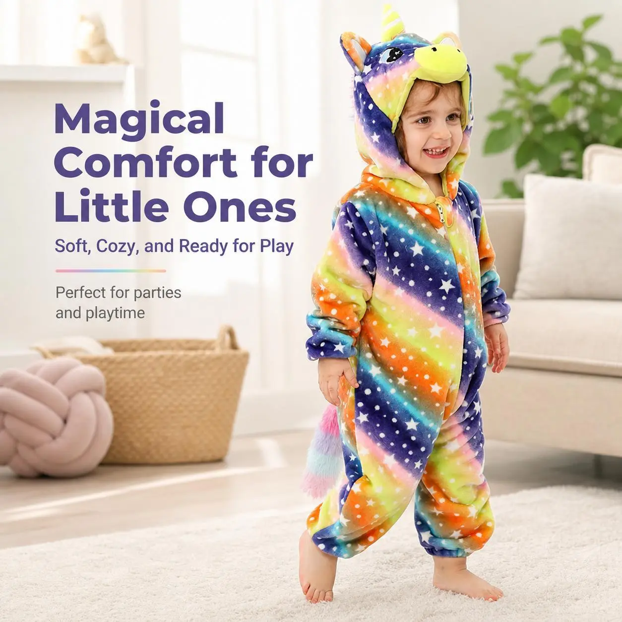 Toddler Rainbow Star Unicorn Onesie Pajamas, Ultra Soft Flannel Hooded Full Zip Animal Cosplay Sleep Jumpsuit for Kids