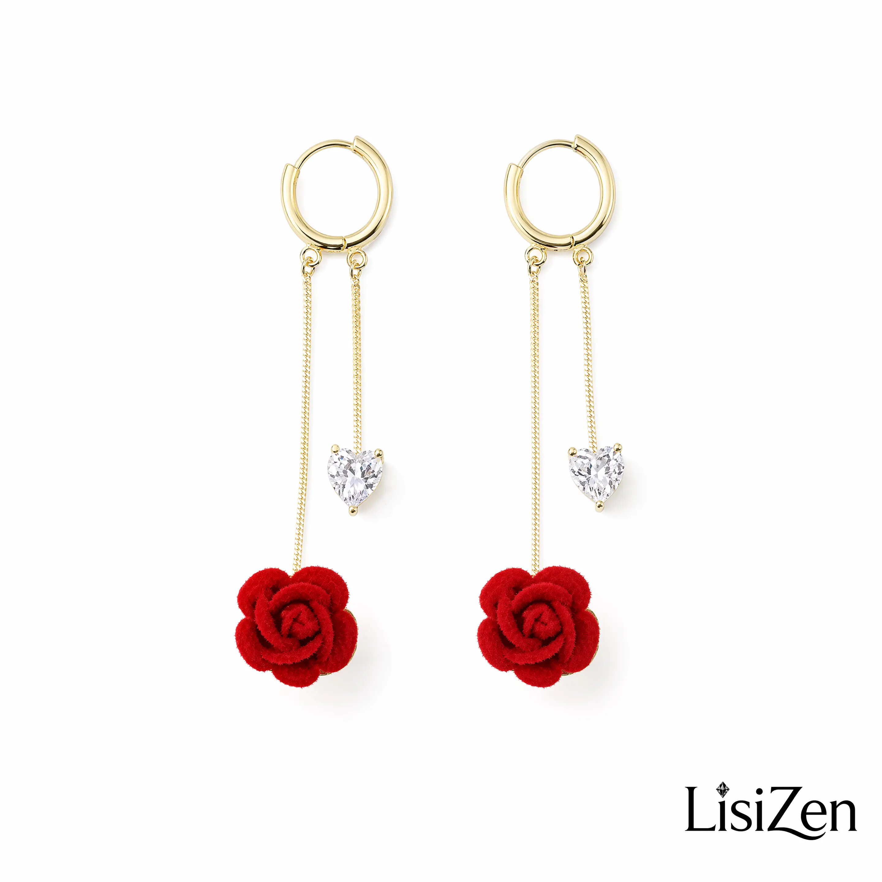 Women's LisiZen 2026 French Retro Gold-Plated Heart Dangling Earrings, Romantic Flocked Red Rose Drop Earrings DZEH6102, Heart Shaped Earrings
