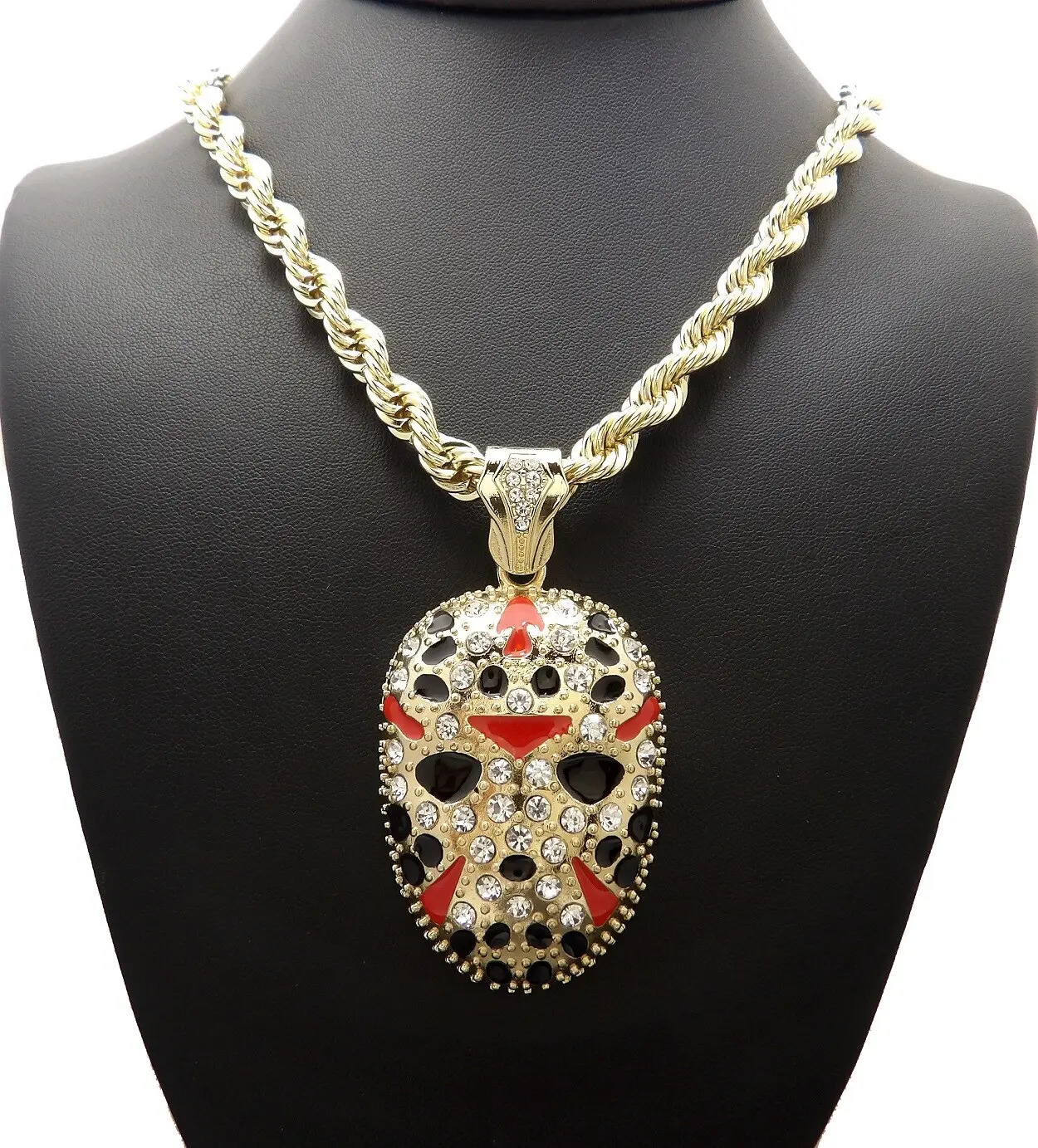 MaxBling81 Iced Gold-Silver Plated Jason Mask Pendant Necklace, 8mm 24" Link Rope Chain, Unisex Costume Fashion Chain Jewelry Necklaces, Husband Gift, Boyfriend Birthday Gift, Daily Wear Accessory