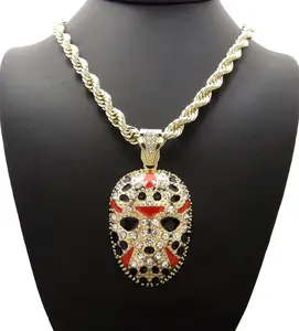 Iced Gold Silver Plated Jason Mask Pendant & 8mm 24" Rope Chain Necklace Fashion Jewelry Gift For Men, Women