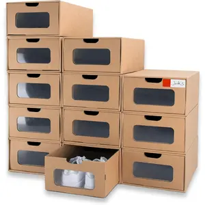 12 Pack 13.2 x 8.3 x 5.1in Waterproof Heavy Duty Stackable Cardboard Shoe Storage Boxes with Marking Labels Transparent Window for Socks Stationery Toys Underwear