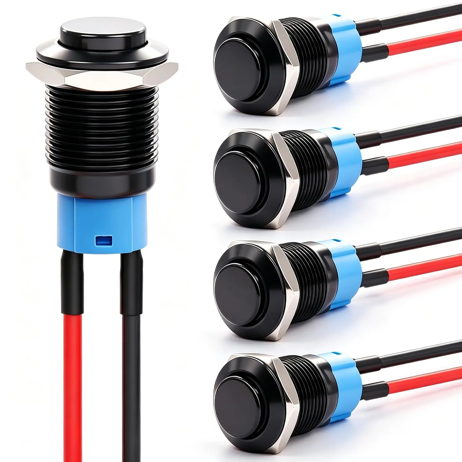 5PCS 12mm Latching Push Button Switch ON Off Mini Round Waterproof Black Shell 12V 24V 36V 110V 250V 2A Raised Head with Pre-soldered Wires L-12-BK-G-X