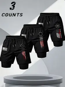 American Patriotic Style Fake Two-Piece Workout Shorts, Performance Training Shorts, Elastic Fabric, Men's Outdoor/workout Versatile Gym Shorts, Loose-Fitting Casual Pants, Athleisure Shorts