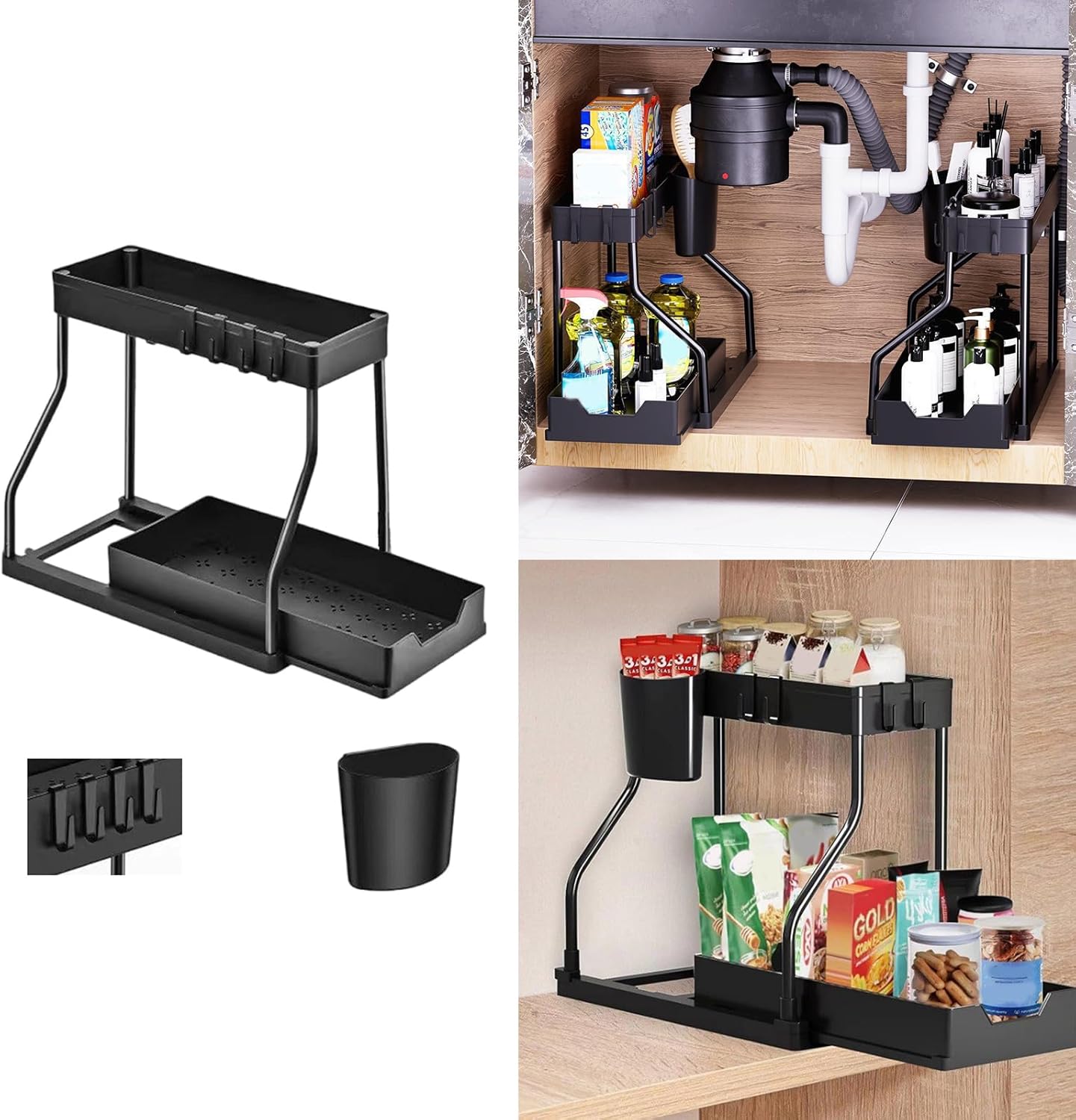 2-Tier Under Sink Organizer with Side Holder | Slide-out Kitchen Storage Rack with Hooks | Multi-use Carbon Steel Cabinet Organizer for Kitchen Bathroom #UnderSinkOrganizer #KitchenOrganization