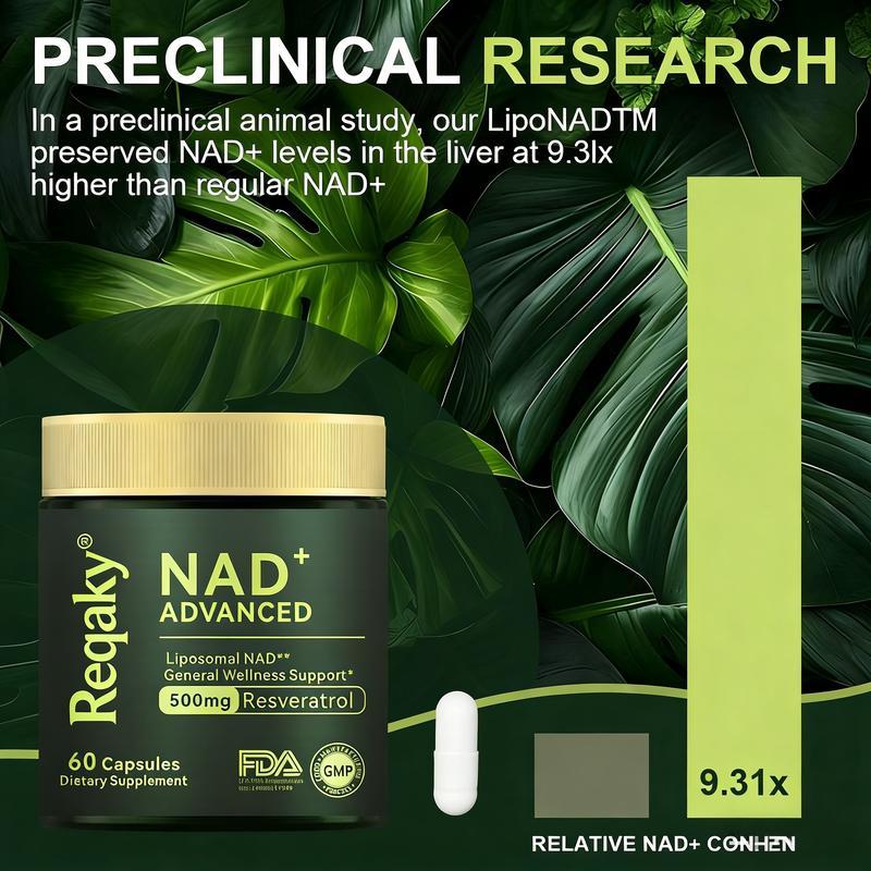 Reqaky NAD+ Advanced Nutritional Supplement 500mg High-Concentration Formula 60 Capsules 30-Day Supply Boosts Energy Repairs Cells Supports Healthy Anti-Aging for Skin and Energy