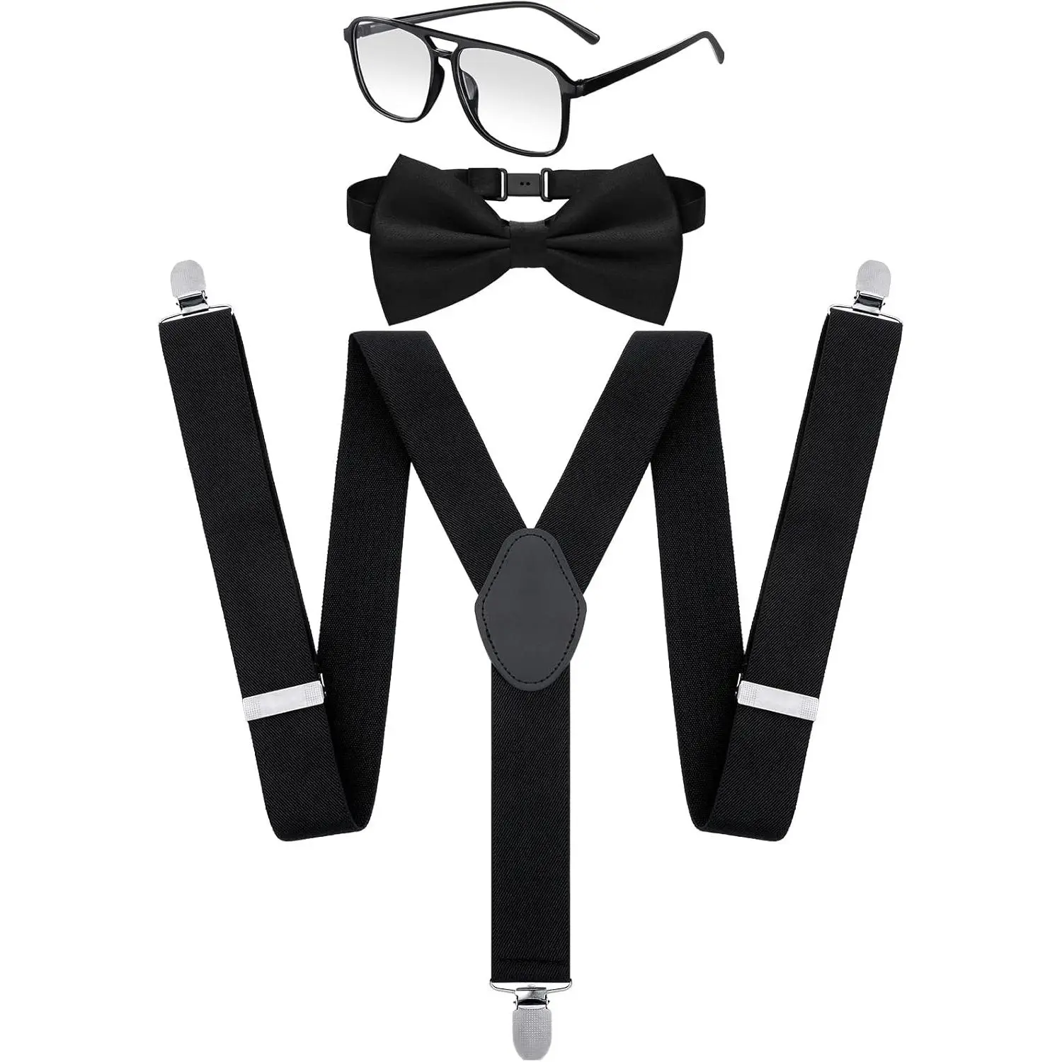 3 count Nerd Costume Set Includes Suspenders, Glasses and Bow Tie for Halloween Adults Teenagers Costume Accessories