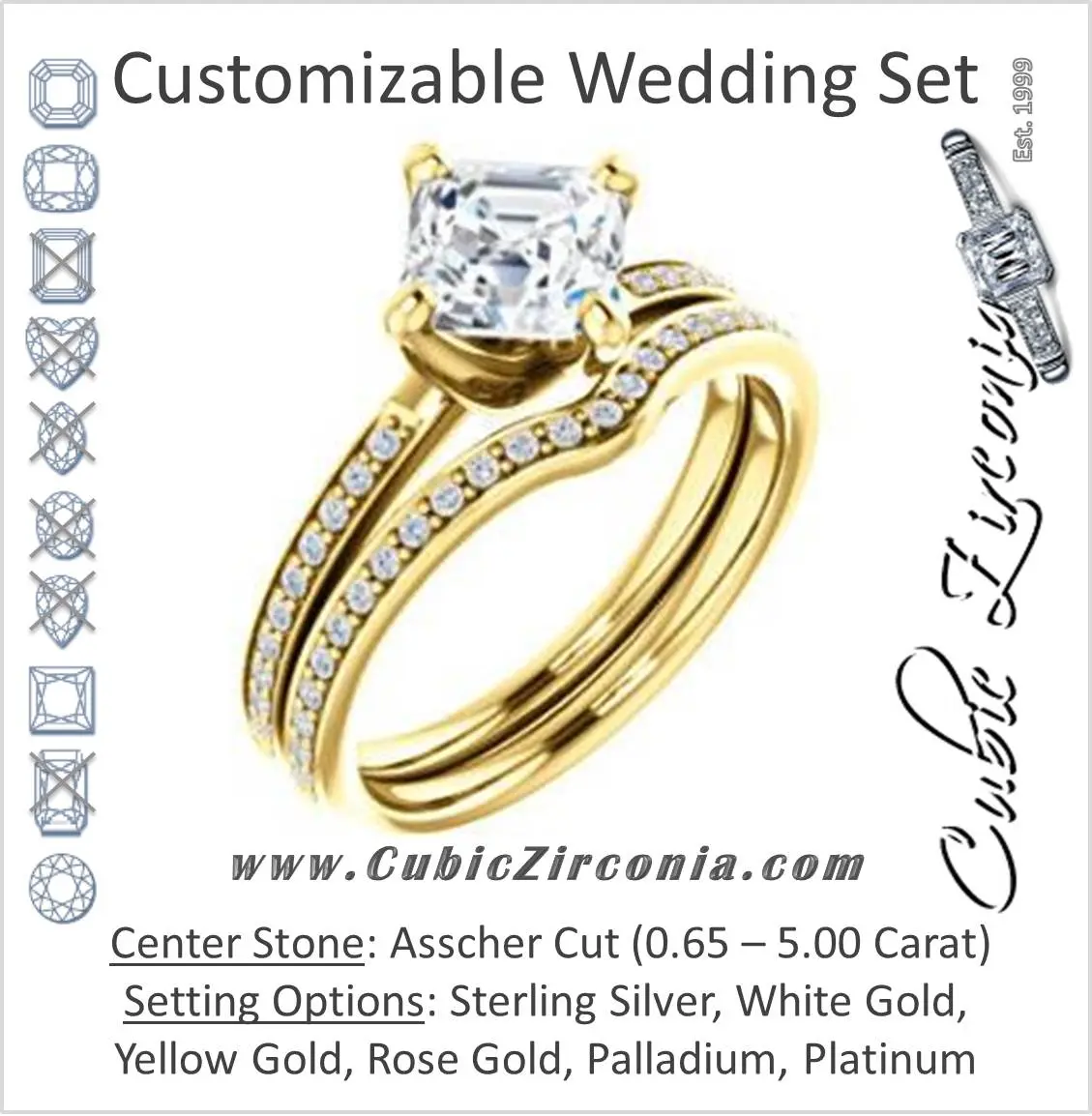 CZ Wedding Set, featuring The Valeria engagement ring (Customizable Kite-setting Asscher Cut Center featuring Thin Pavé Band)
