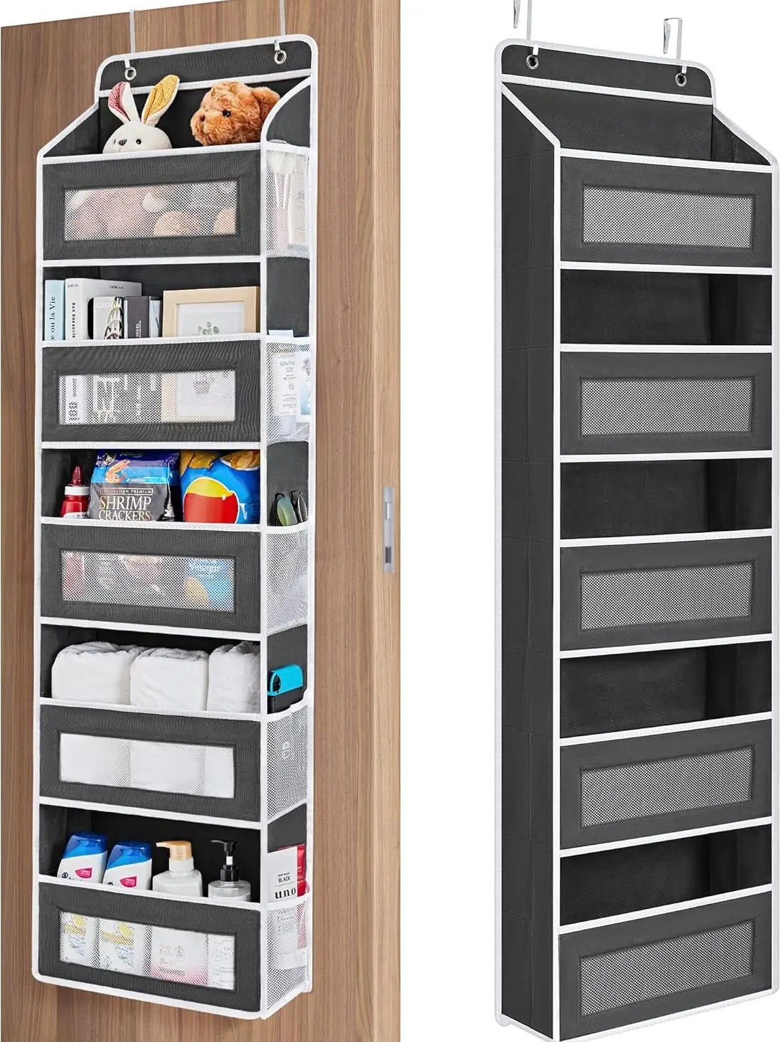 Heavy Duty 5 Tier Over-The-Door OrganizerGrey 1 Pack, Anti-Tilt Hanging Storage with 5Pockets Clear Windows 48lbs Capacity, OverDoor Storage Organizer for Bathroom KitchenCloset Small Space Organization,dormessentials, home decor