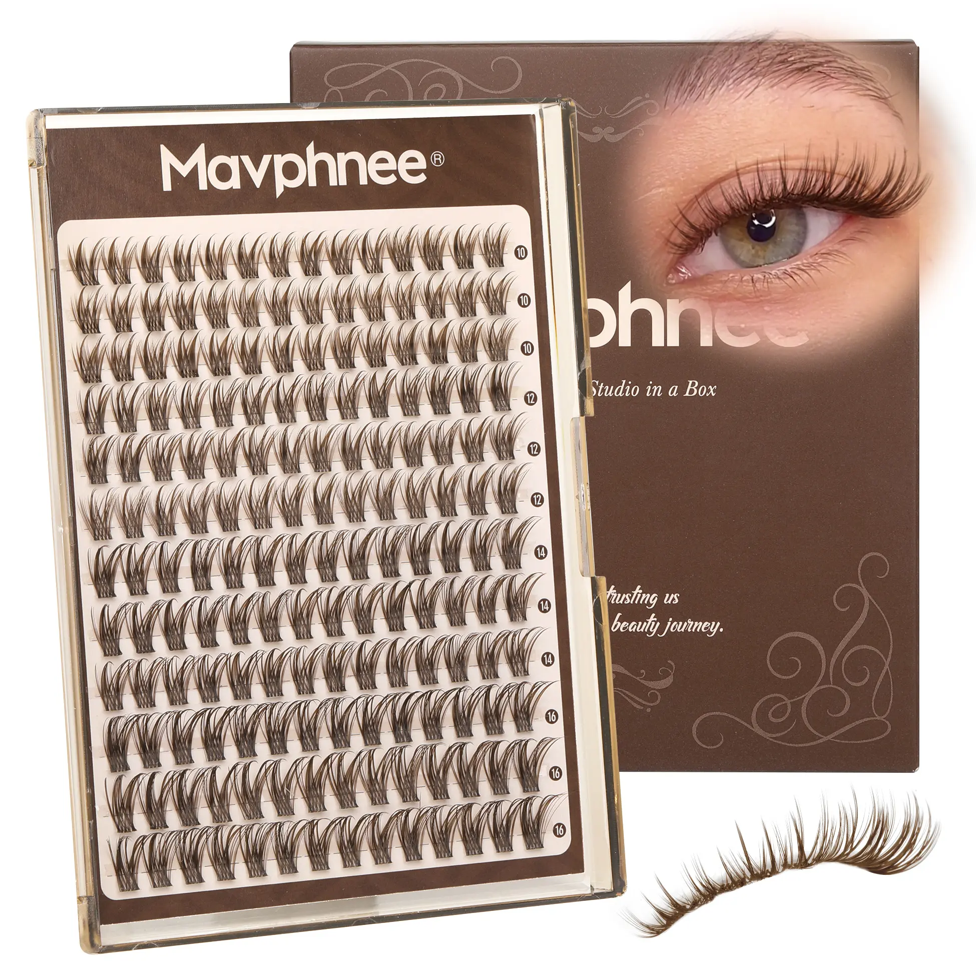 Mavphnee Clara Brown Lash Clusters, CC Curl, 10-16MM Natural Wispy Individual Eyelash Extensions for Blonde and Redhead, Ideal for Daily Makeup Wear