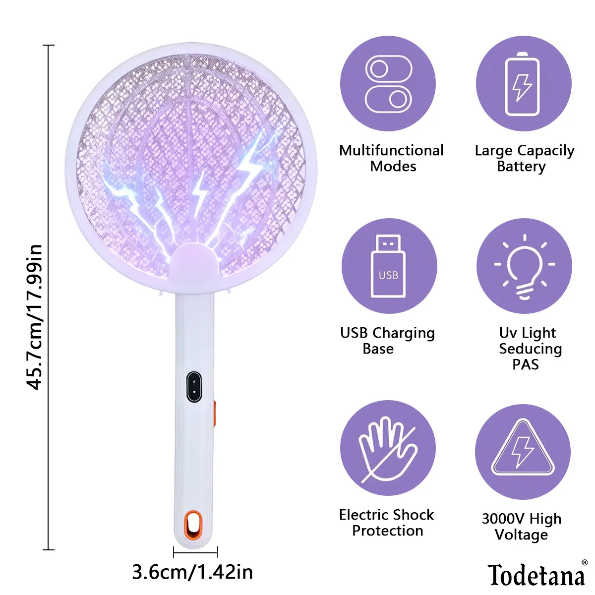 3000V Electric Fly Swatter Racket Smart Bug Zapper with USB Rechargeable Base,Powerful Mosquitoes Trap Lamp & Fly Killer with 3-Layer Safety Mesh for Home,Bedroom,Kitchen,Patio