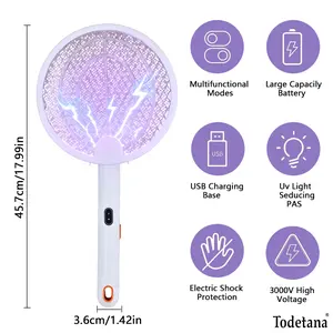 3000V Electric Fly Swatter Racket Smart Bug Zapper with USB Rechargeable Base,Powerful Mosquitoes Trap Lamp & Fly Killer with 3-Layer Safety Mesh for Home,Bedroom,Kitchen,Patio